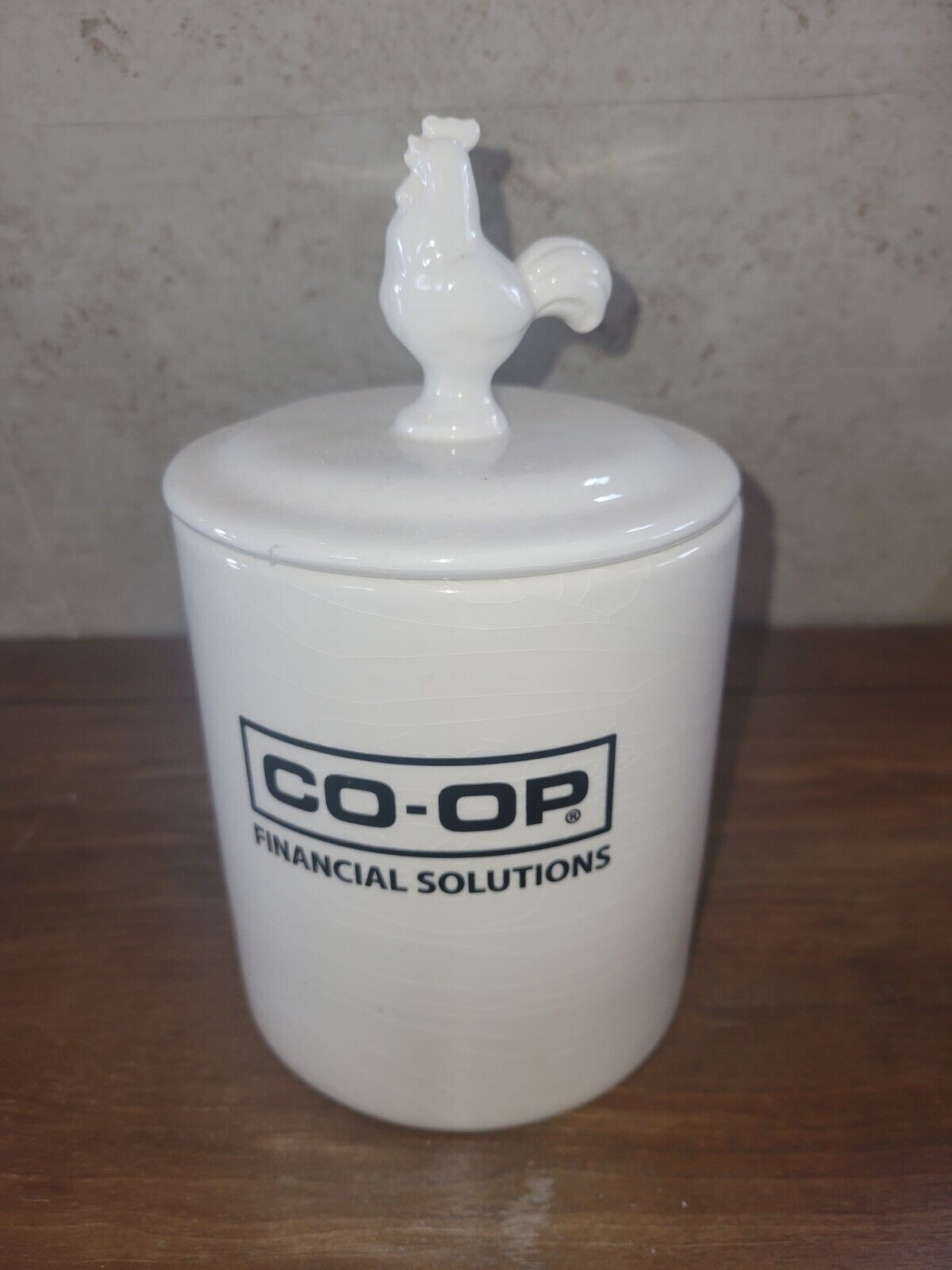 Vintage White Co-op Financial Solutions Cookie Jar With Rooster Lid