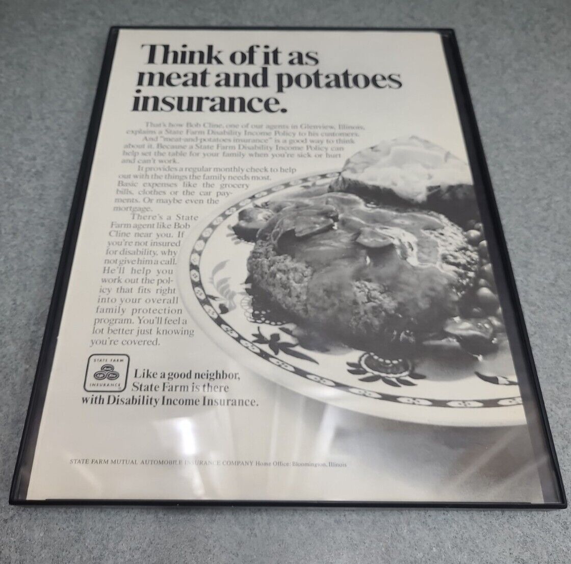 Vintage 1974 State Farm Insurance Company Print Ad Meat Potatoes Framed 8.5x11 