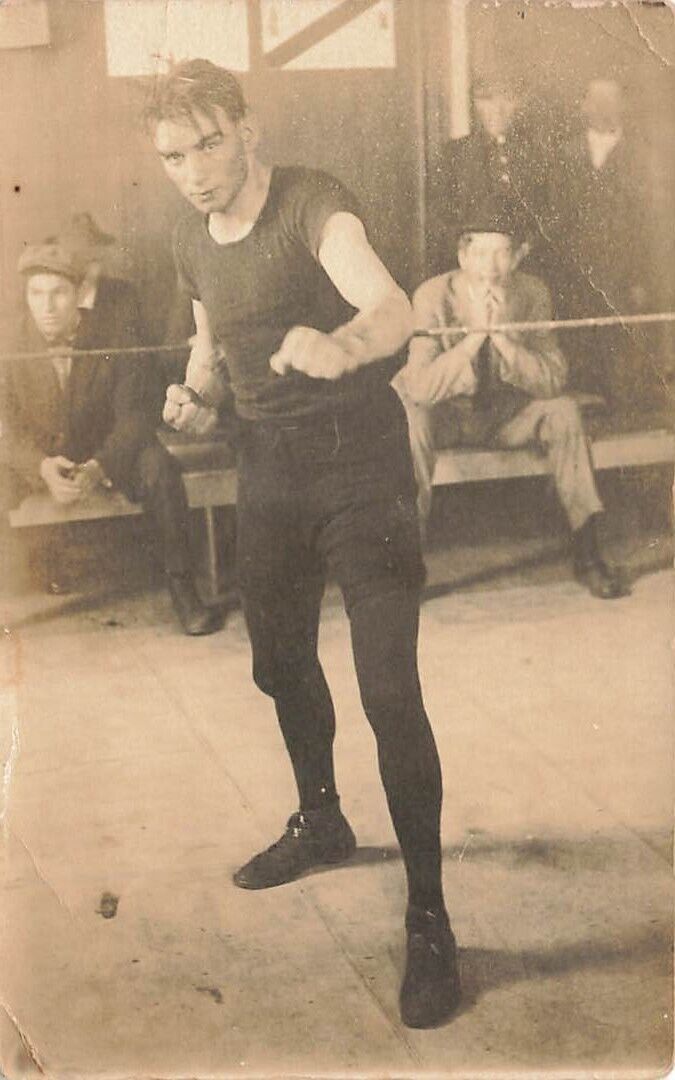 c1910 RPPC Handsome Young Man Boxer Gym Workout Pose Crowd Real Photo P452