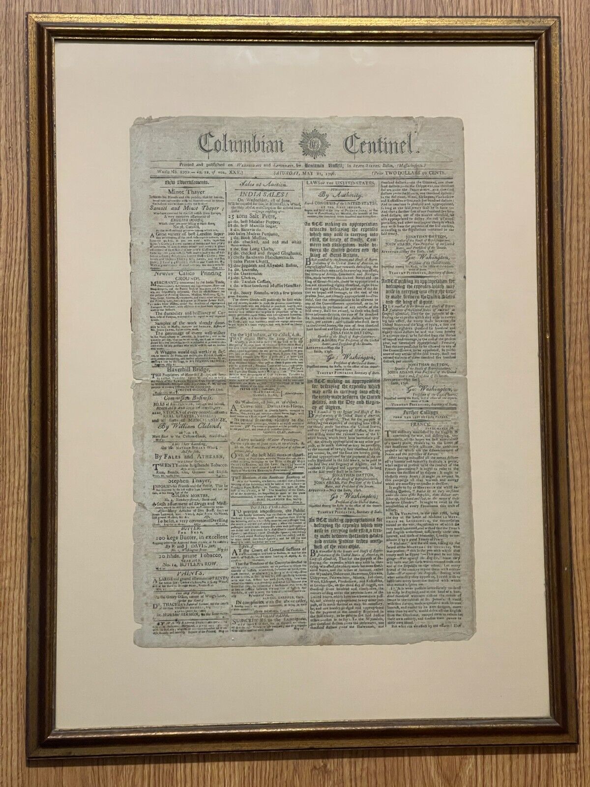 1796 Columbian Centinel Newspaper Native American Treaty George Washington