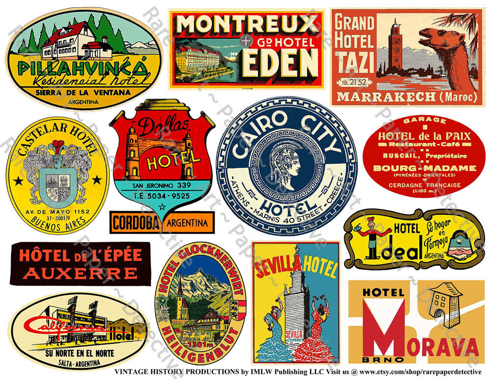 Hotel Luggage Labels, 2 Sticker Sheets, Baggage Labels, Vintage Travel Stickers