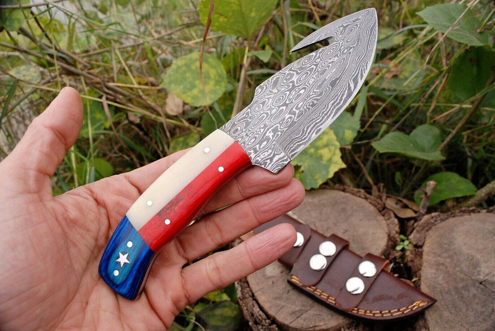 HAND FORGED DAMASCUS STEEL HUNTING GUT HOOK  KNIFE & TEXAS FLAG HANDLE TX-2012