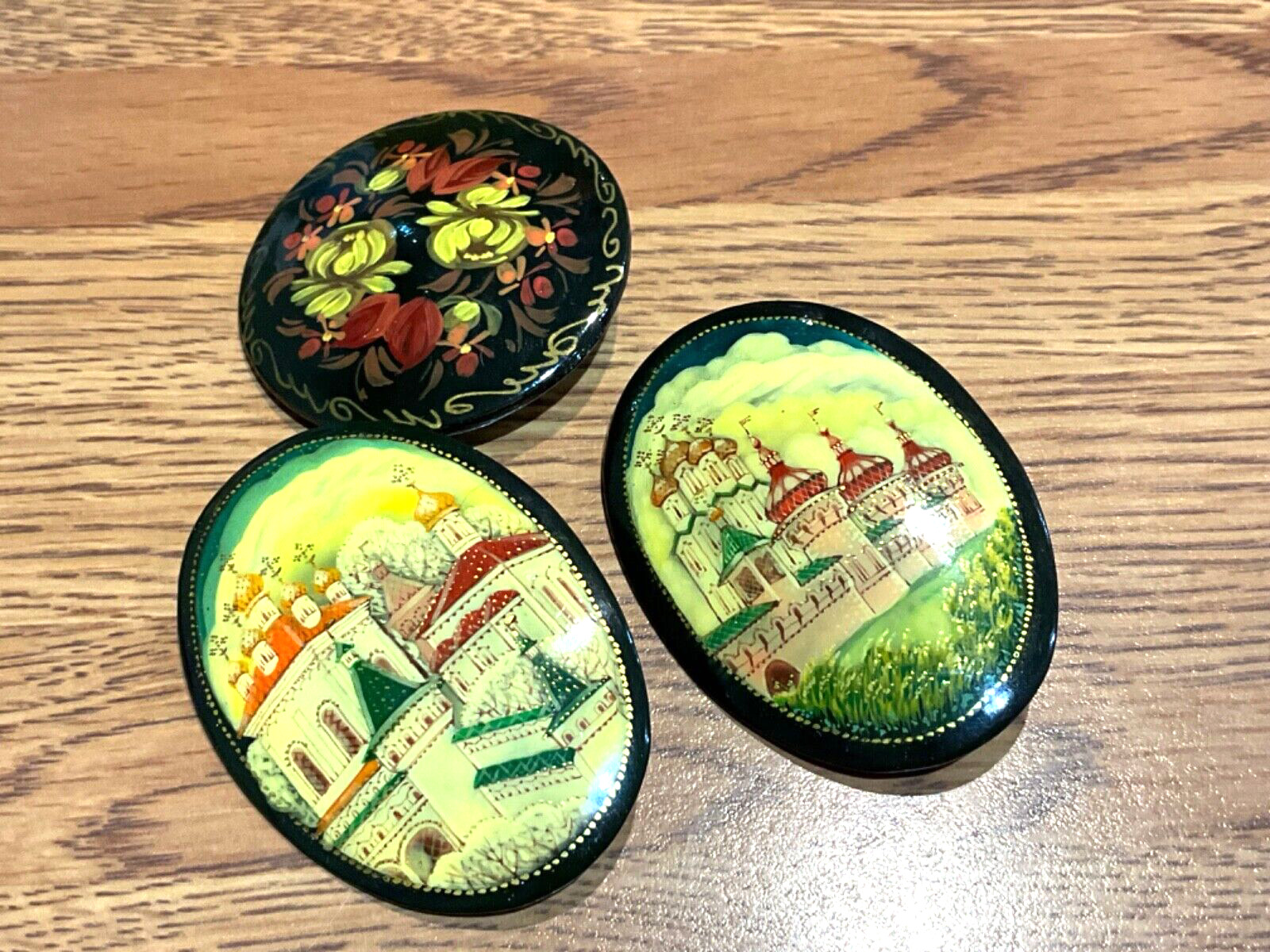 💚Lot of 3 Authentic Fedoskino Russia Lacquer Hand Painted Brooches Rostov Boris
