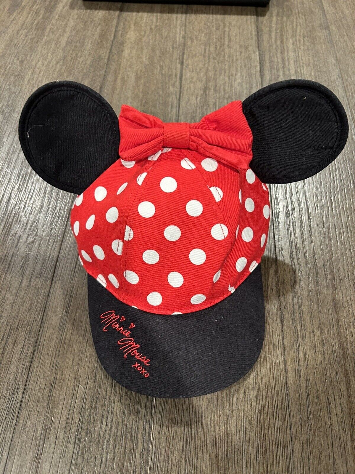 Disney Parks Minnie Mouse Youth Baseball Red Polka Dot Hat Cap w/ Ears And Bow