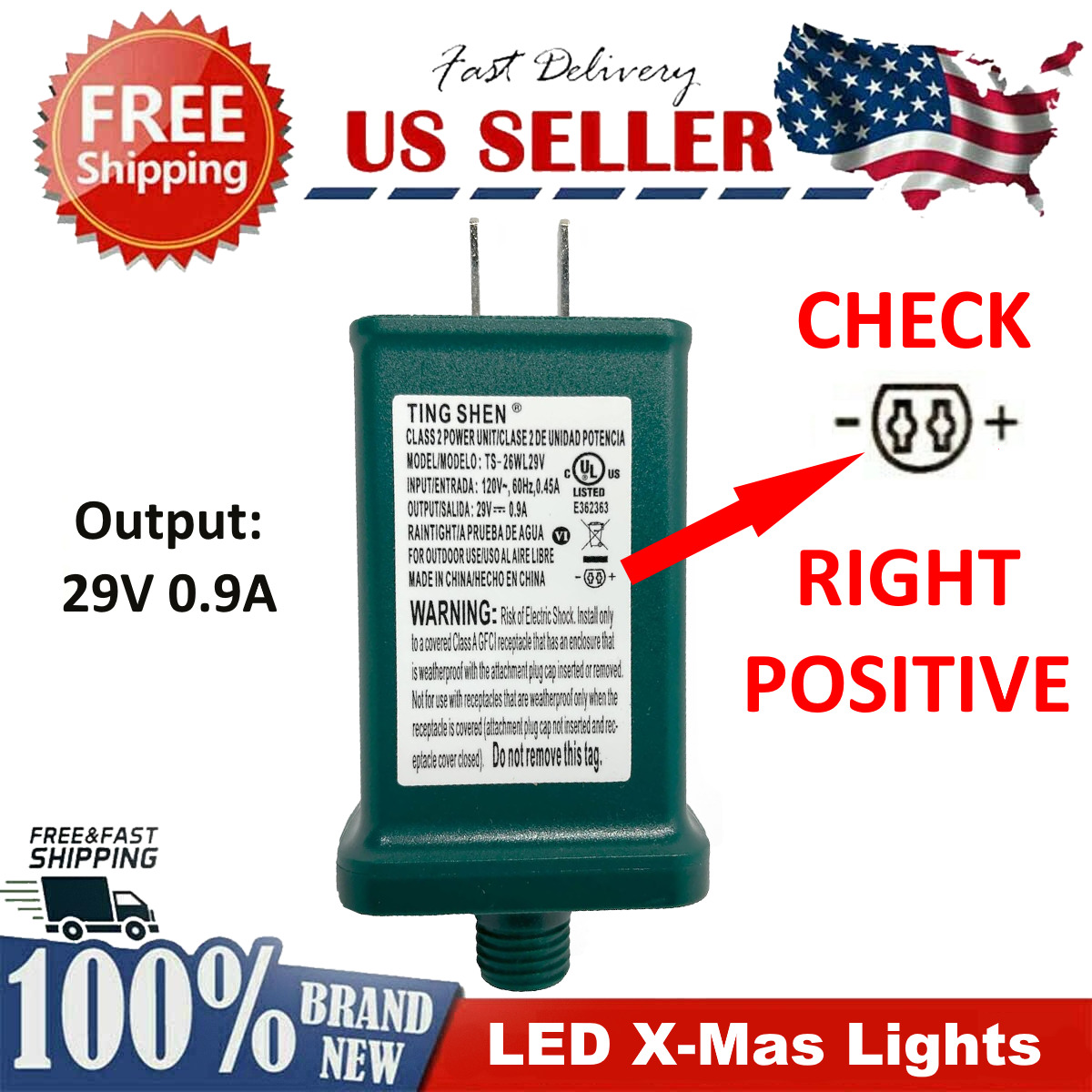 Replacement Power Adapter for LED Xmas Tree Lights DC 29V 0.9A - TS-26WL29V