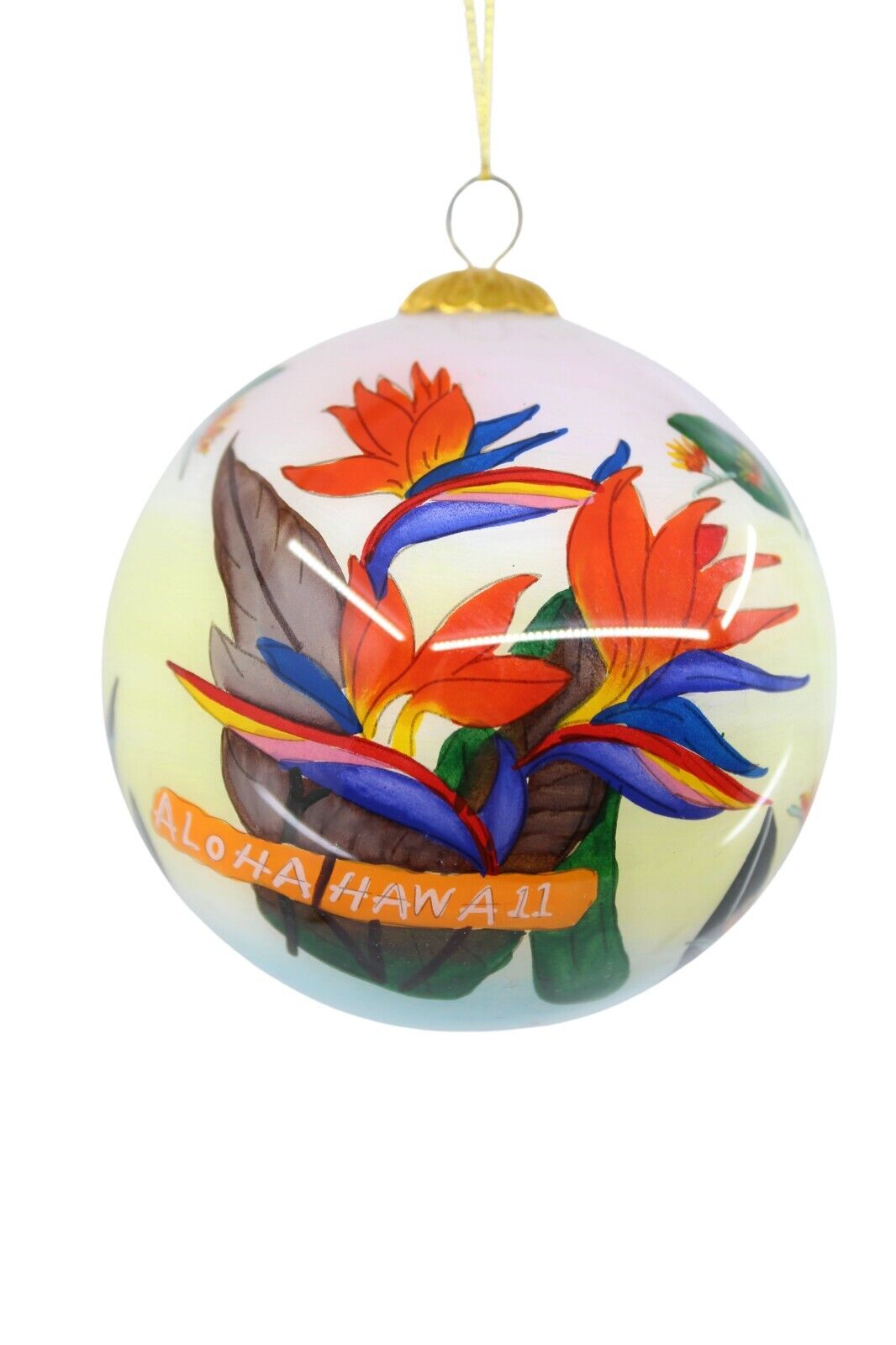 Hawaiian Christmas Ornament - Hand Painted Glass Ball w Box - Birds of Paradise