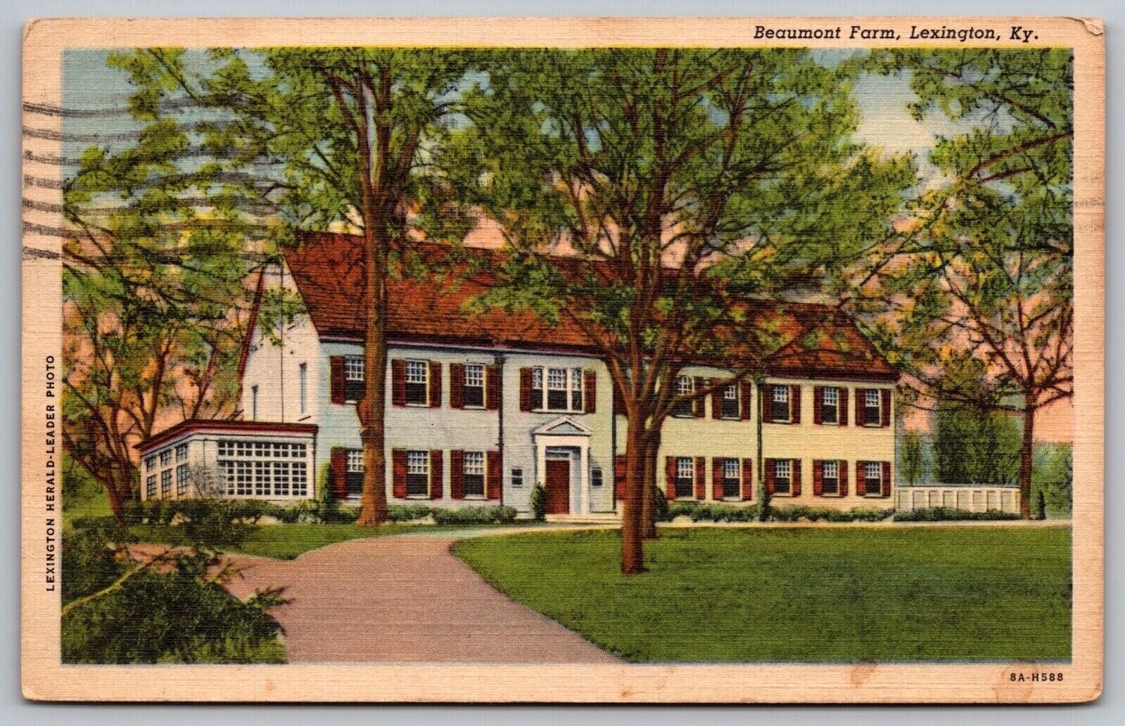 Beaumont Farm Lexington Kentucky Driveway Linen Cancel 1947 Vintage PM Postcard