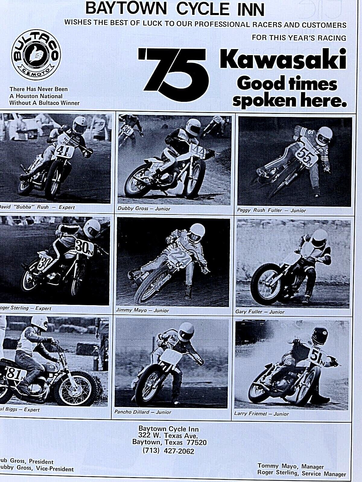 1975 Kawasaki VTG Baytown Cycle Inn Houston National Bultaco Original Print Ad