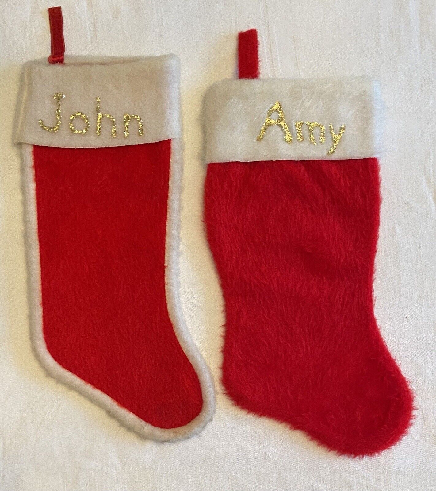 2 Vintage Red Fuzzy Christmas Stockings White Trim Gold Glitter MCM John & Amy