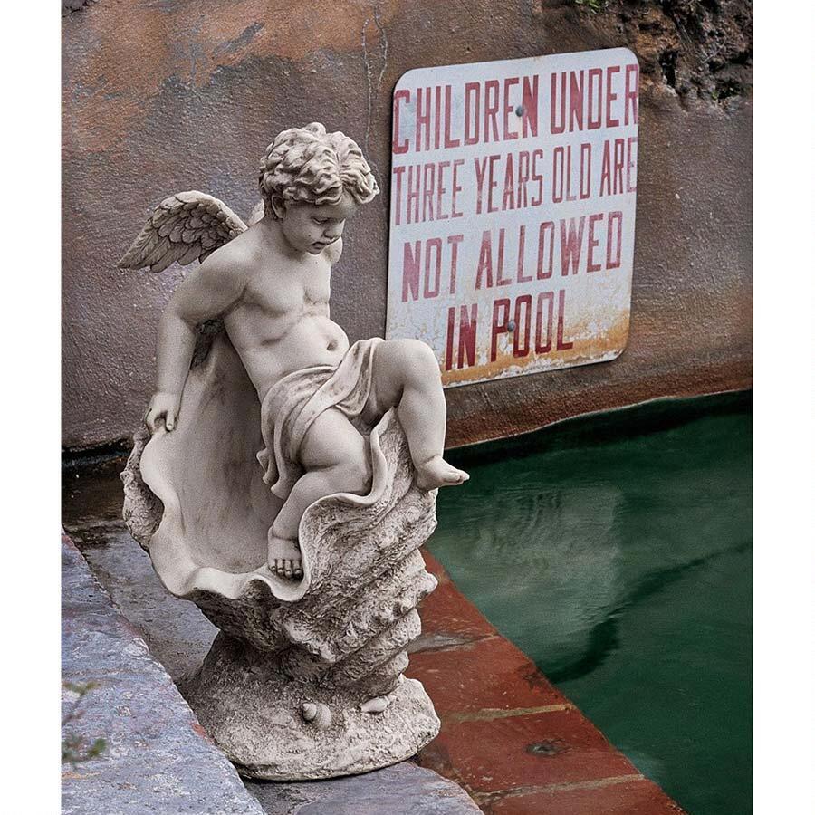 Baby Cherub Angel on Ocean Sea Shell Toes in Water Garden Pond Classic Sculpture