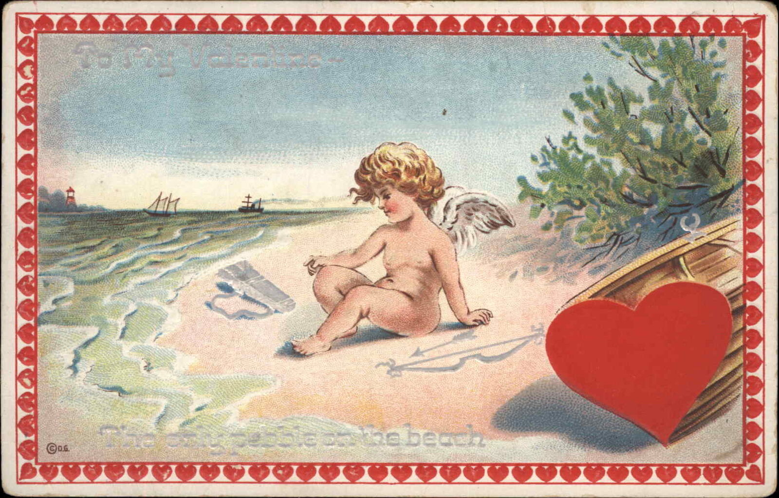 Valentine Fantasy Cupid on Beach Embossed c1910 Vintage Postcard