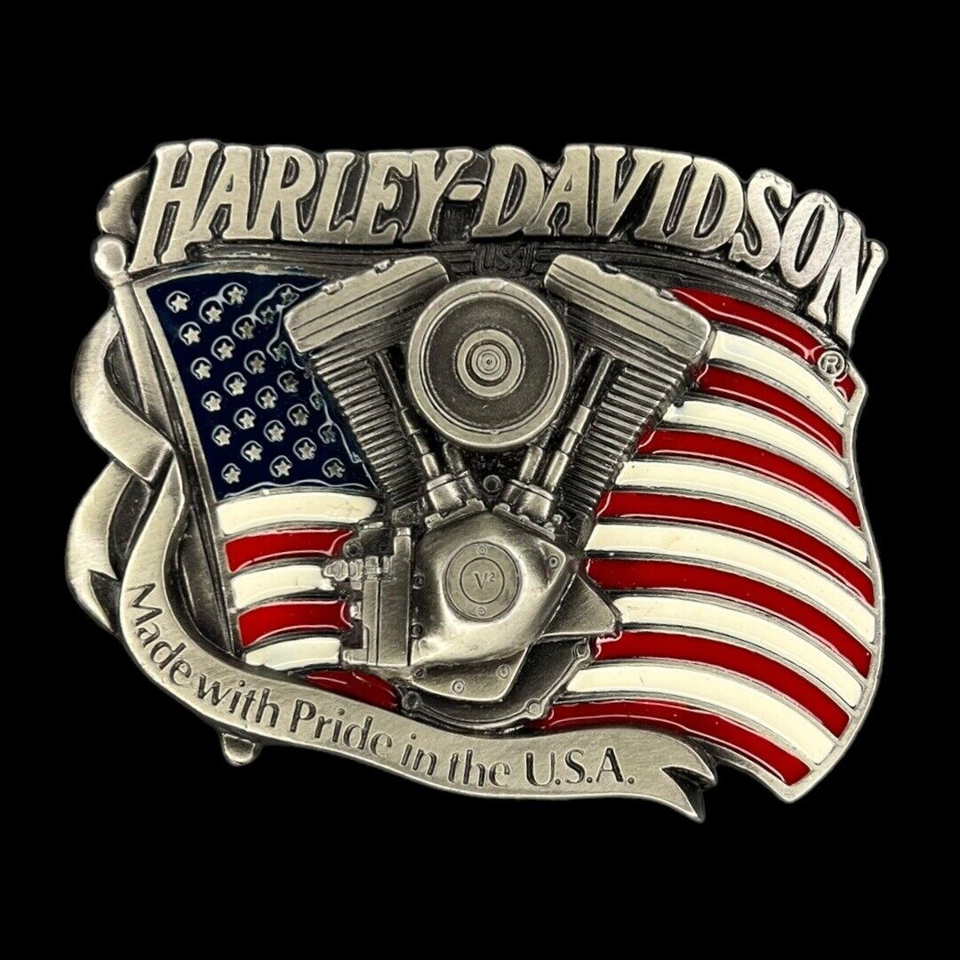 VTG 1991 Harley Davidson Motorcycle V2 Engine USA Flag Belt Buckle 