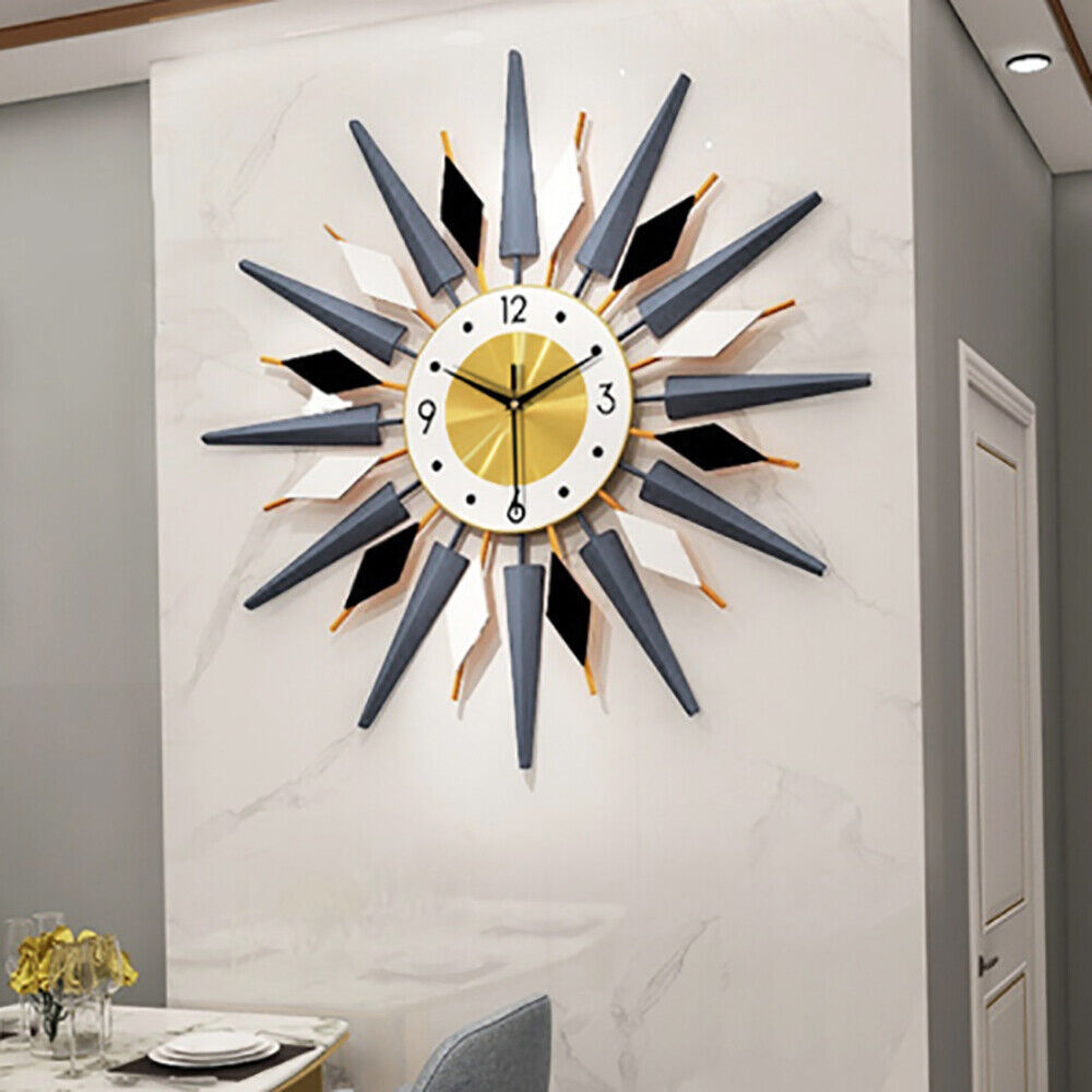 23.62in Modern Large Silent Wall Clock Metal Sunburst Home DIY Art Design Decor