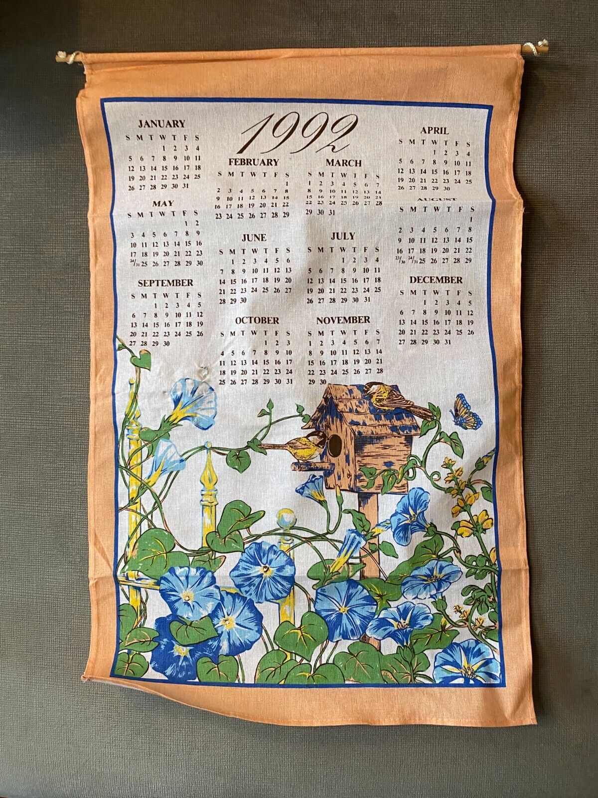 Vintage 1992 Cotton Linen Calendar Floral Birdhouse Design