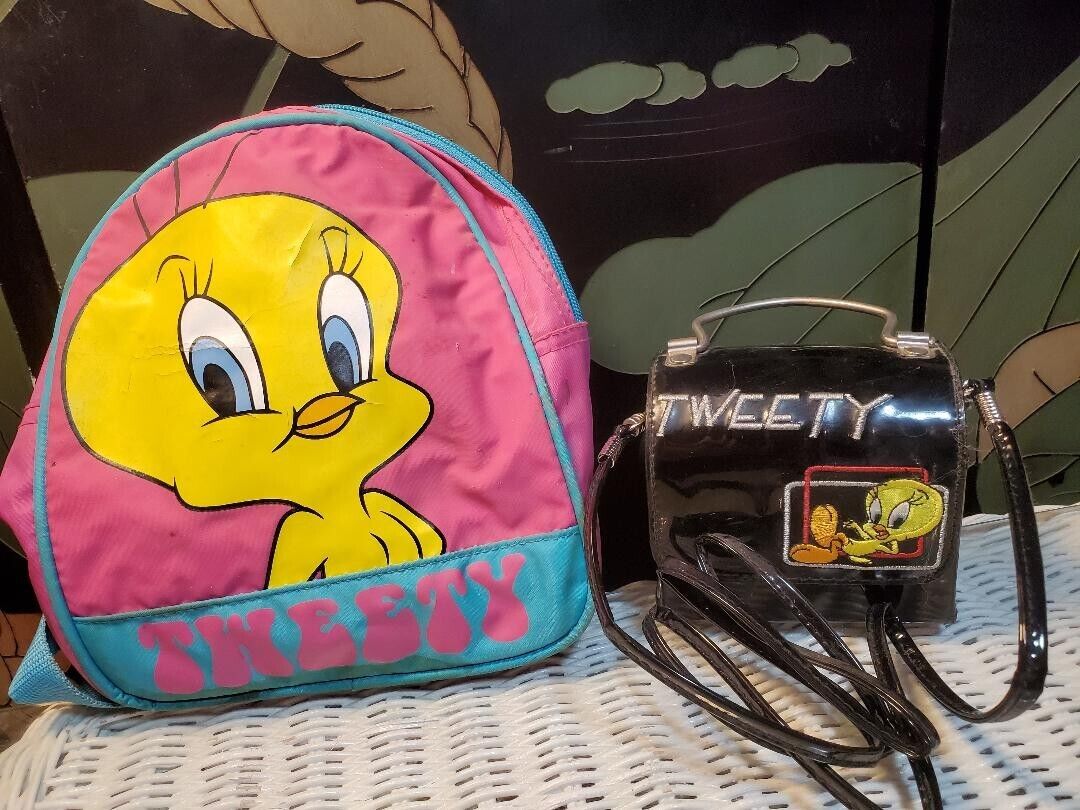 1999 Tweety Bird Black Vynyl purse & 1989 Tweety Bird Pink & Blue Back Pack