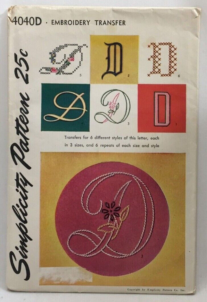 1952 Simplicity Transfer Pattern 4040D Letter \