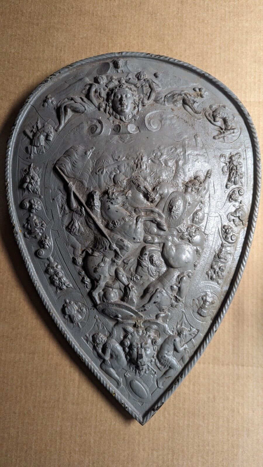 HEAVY Vintage Cast Iron Shield With Battle Scenes Mid - CRACKED LOOK