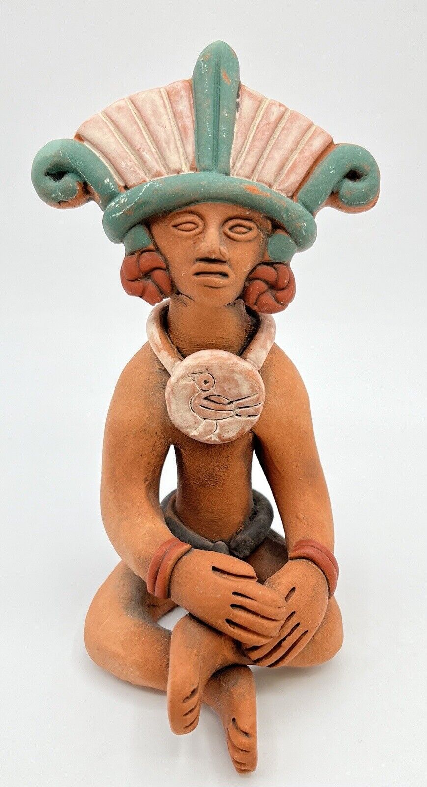 Vintage Aztec Mayan Terracotta Folk Art Tribal Hand Painted Sculpture Signed