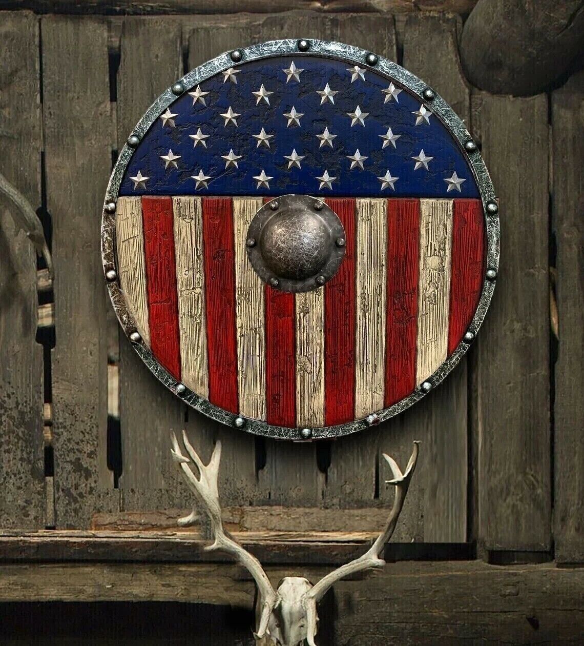 American Flag Patriotic Authentic Distressed Battleworn Viking Shield