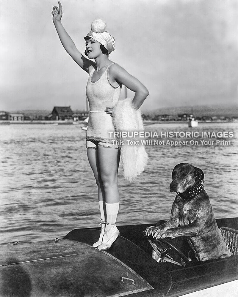 Vintage 1910 Actress Marie Prevost & Teddy Dog Driving Boat Promotional Photo