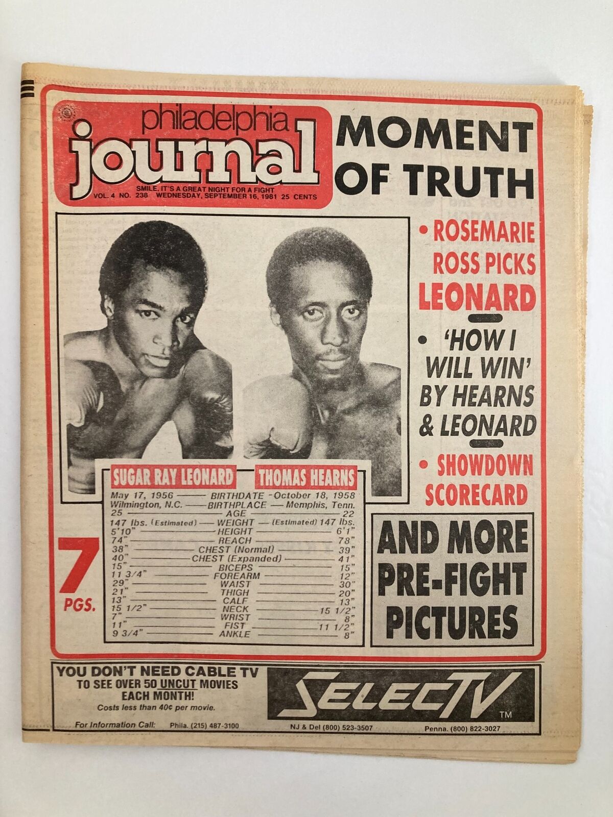 Philadelphia Journal Tabloid September 16 1981 Sugar Ray Leonard v Thomas Hearns