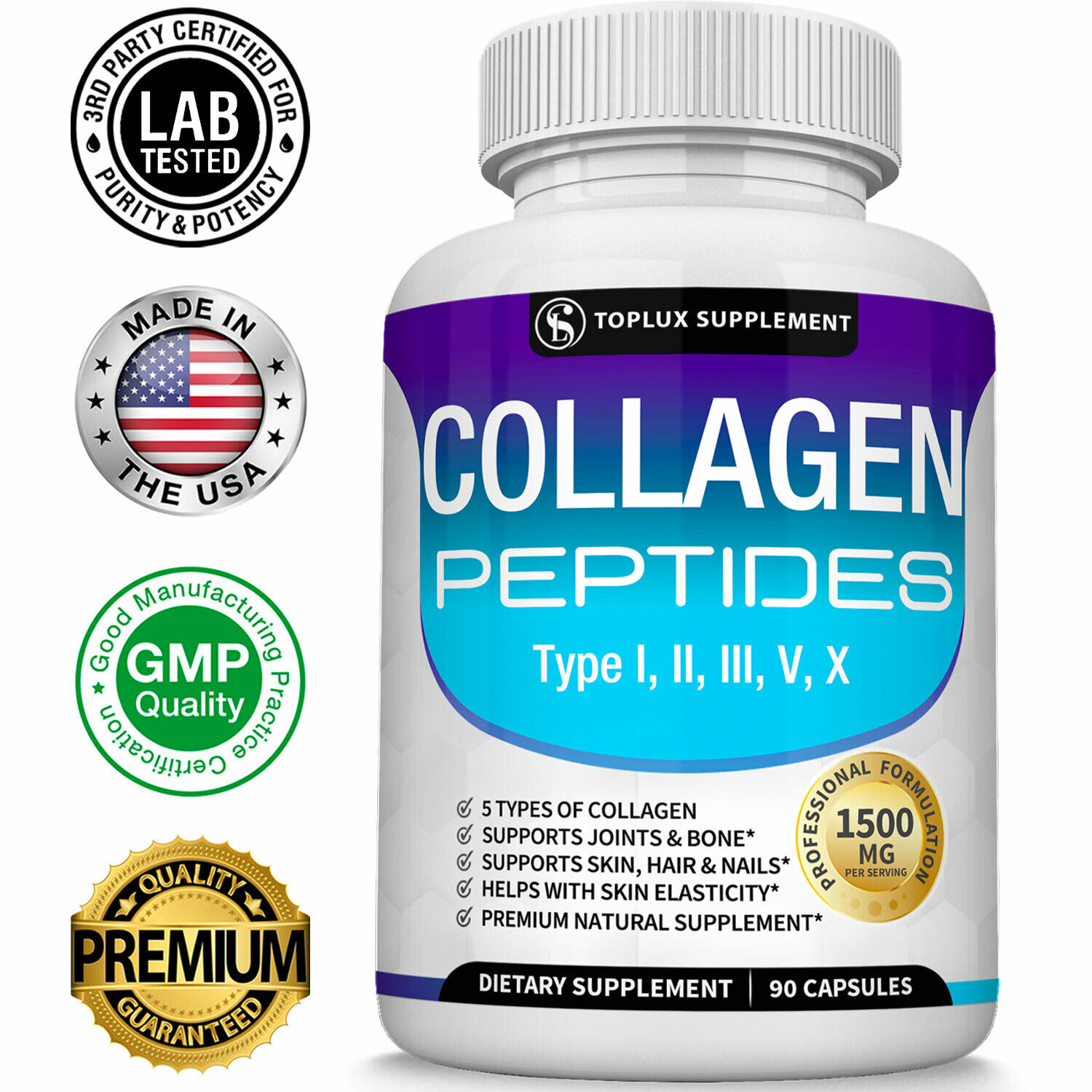  Premium Collagen Peptides 1500 MG Hydrolyzed Anti-Aging (Types I,II,III,V,X)   