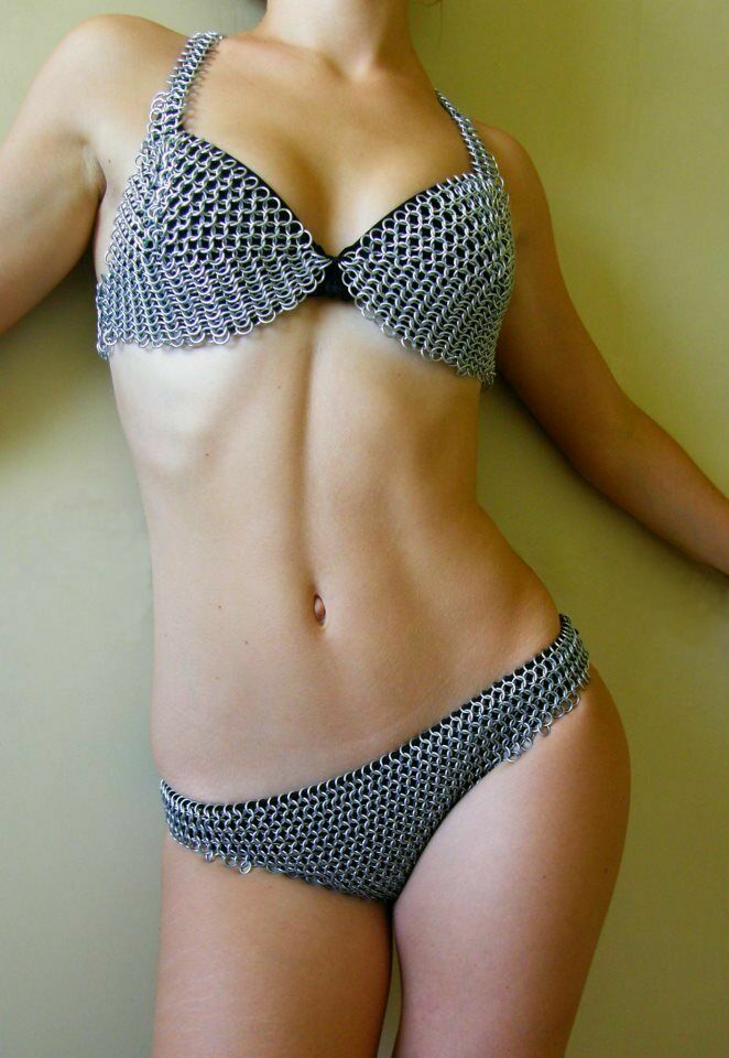 Chain mail Aluminum Bikini Silver Bra & Pantie Hot Intimate Swim Costume