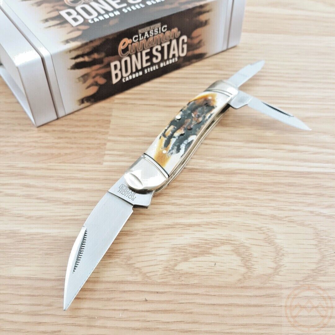 Rough Ryder Stockman Cinnamon Pocket Knife Carbon Steel Blades Bone Stag Handle