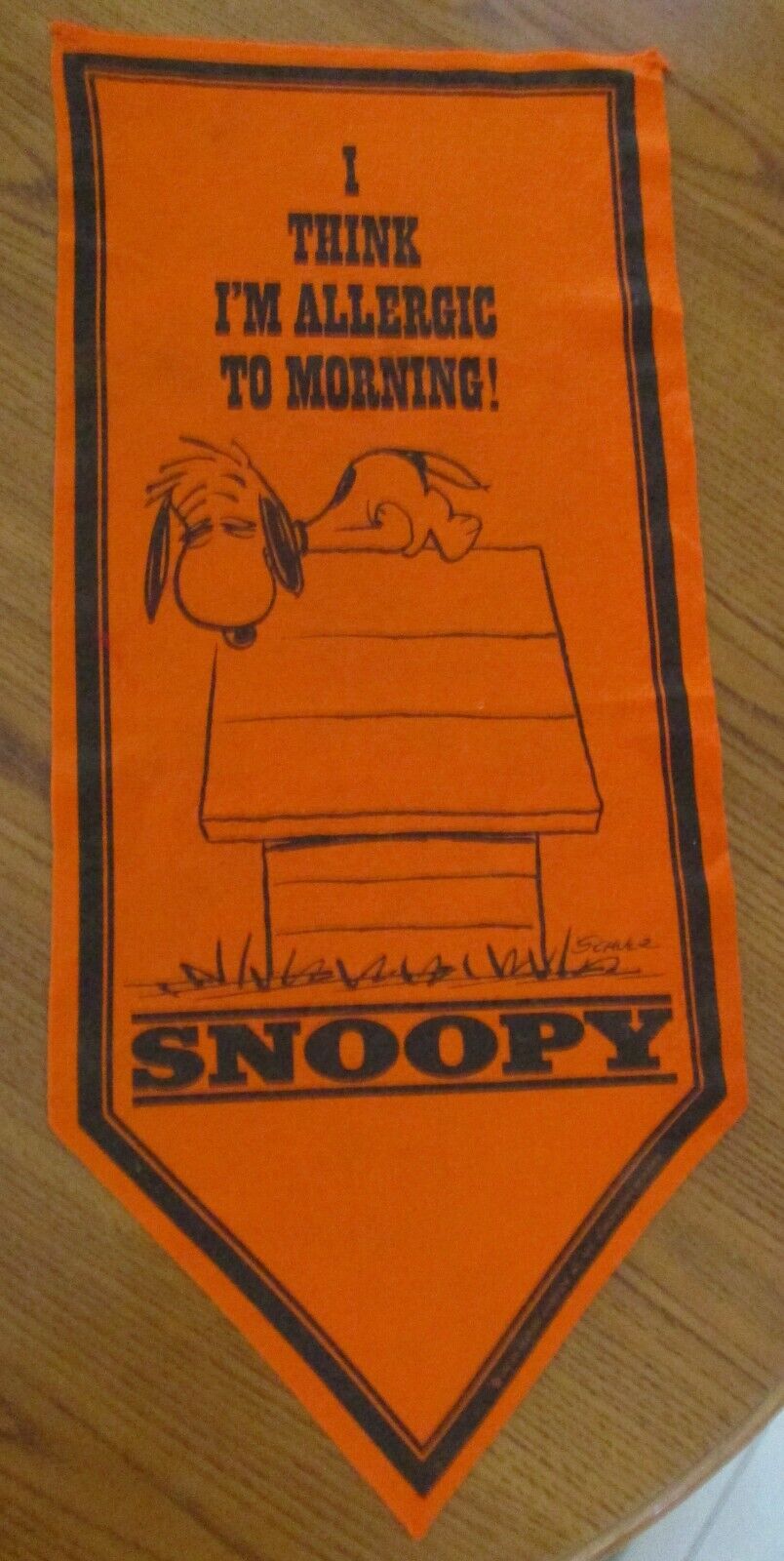 VTG circa 1970 Peanuts Comic~LARGE Felt BANNER~\'SNOOPY\' Allergic to MORNING~