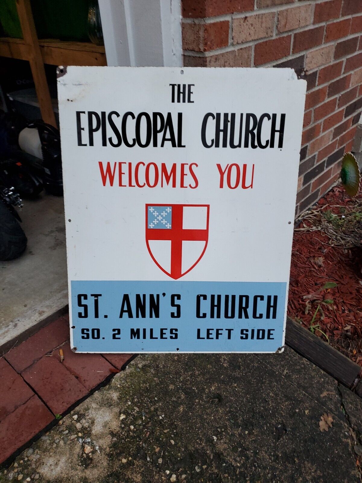 c.1950s Original Vintage Episcopal Church Sign Metal Porcelain St.Anns Bible Gas