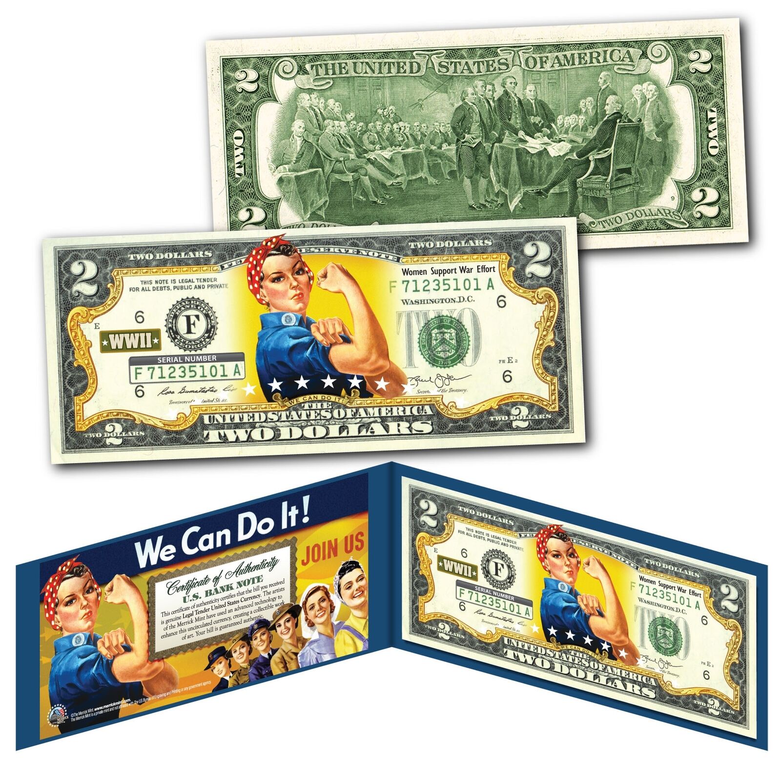 ROSIE THE RIVETER WWII Cultural Icon Women's Economic Power Genuine U.S. $2 Bill