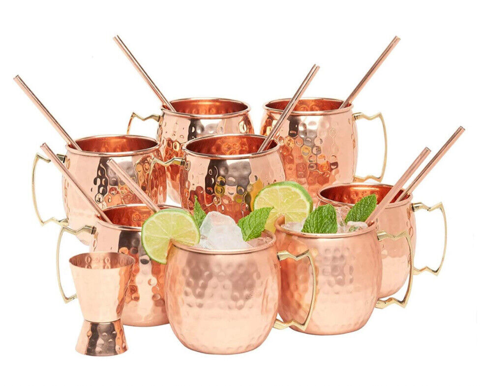 NEW Kitchen Science Moscow Mule Copper Mugs Straws Jigger Set of 8 16 oz