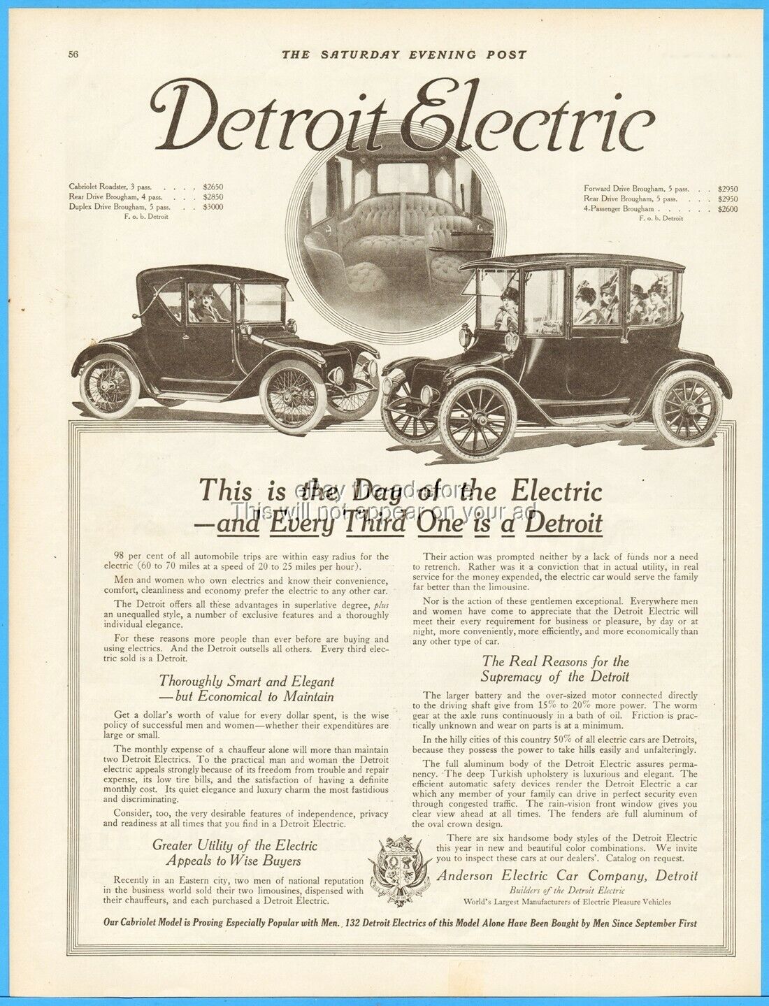 1914 Anderson Electric Car Co Detroit MI Roadster Brougham Pleasure Vehicle Ad