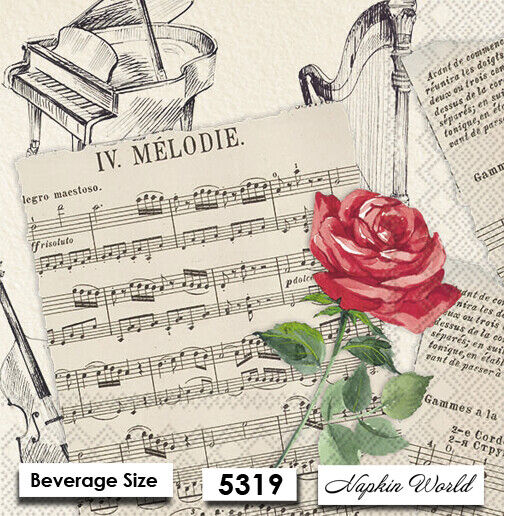 (5319) TWO Individual Paper BEVERAGE / COCKTAIL Decoupage Napkins - MUSIC ROSE