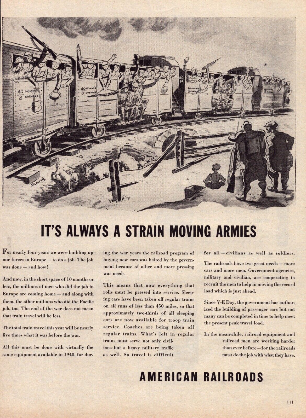 1945 American Railroads Print Ad WWII It\'s Always A Strain Moving Armies
