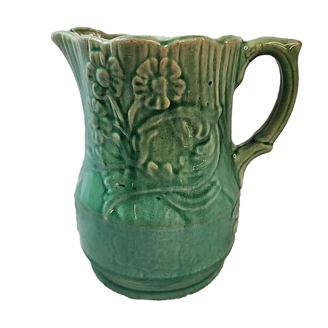 Antique Pottery Green Glazed Pitcher Worn Distressed Aged Perfection 6.5\