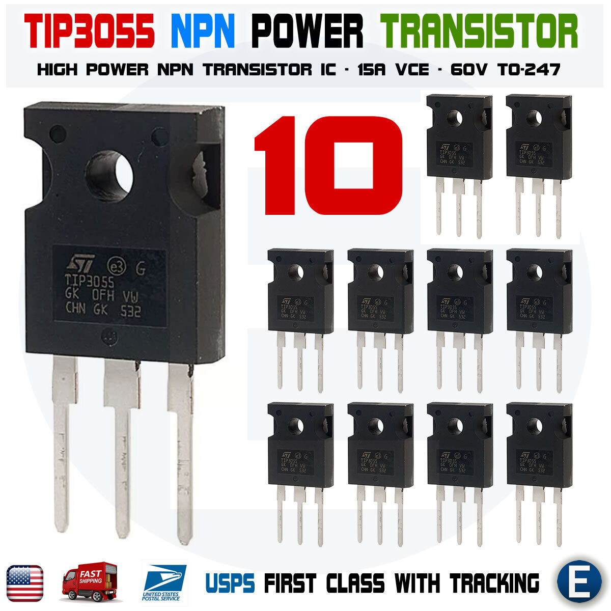 10PCS TIP3055 Power Transistor NPN 60V 15A TO-247 Bipolar