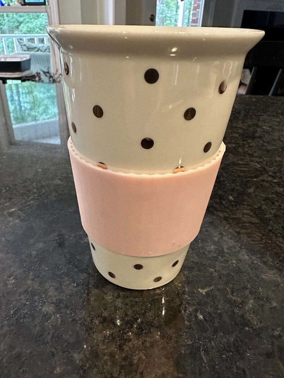 Ceramic Travel Cup White w/Gold Dots~Mug w/Pink Silicone Sleeve- IQ Accessories