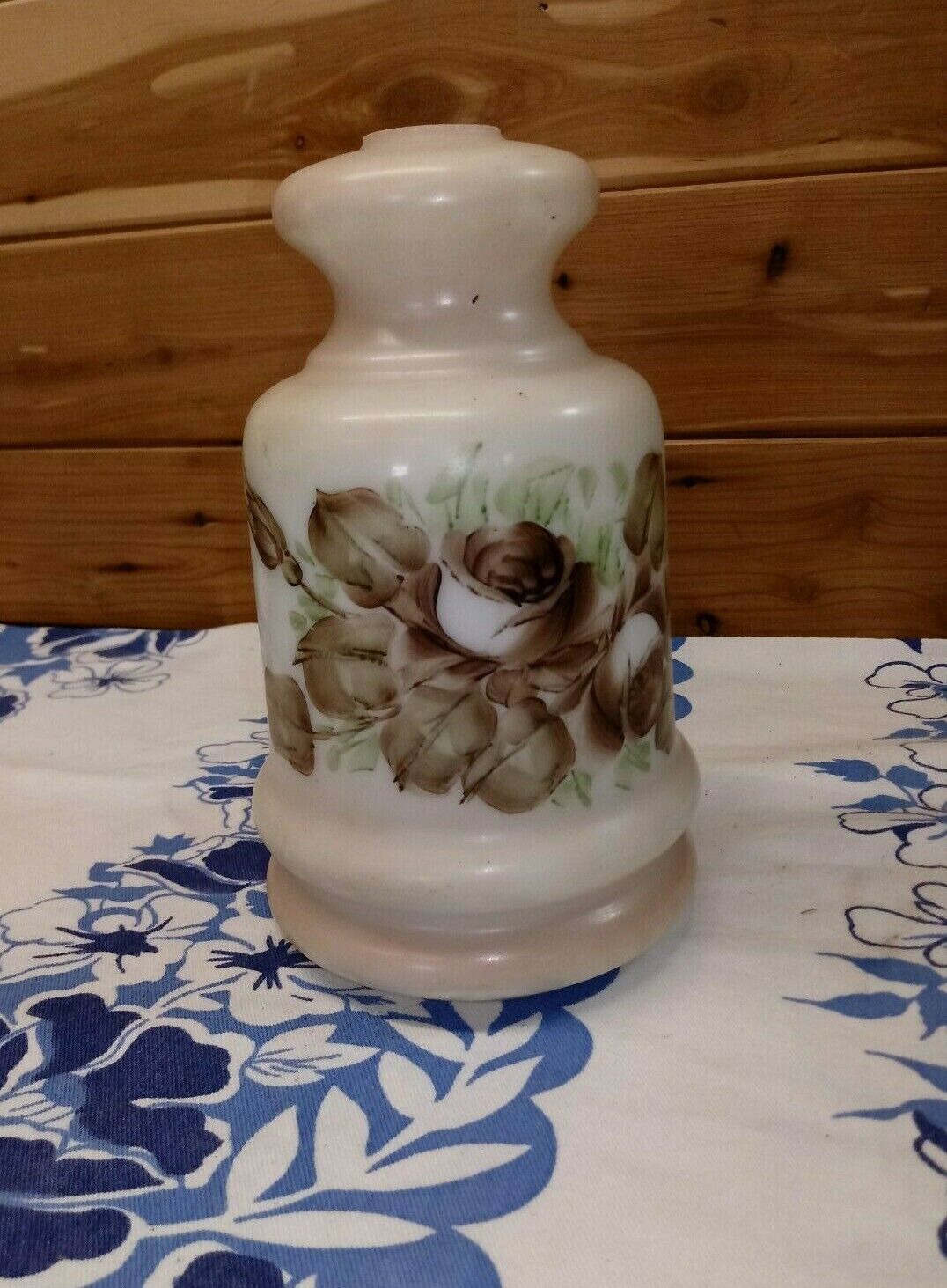 VTG Milk Glass Lamp Base Hand Painted Brown Roses For Parts and repairs 7 1/2
