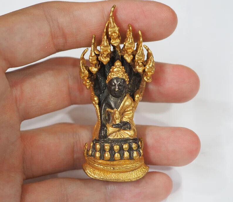 Blssed Phra Kring With 7 Heads Serpent Statue Gold Cape Amulet Protect Lucky