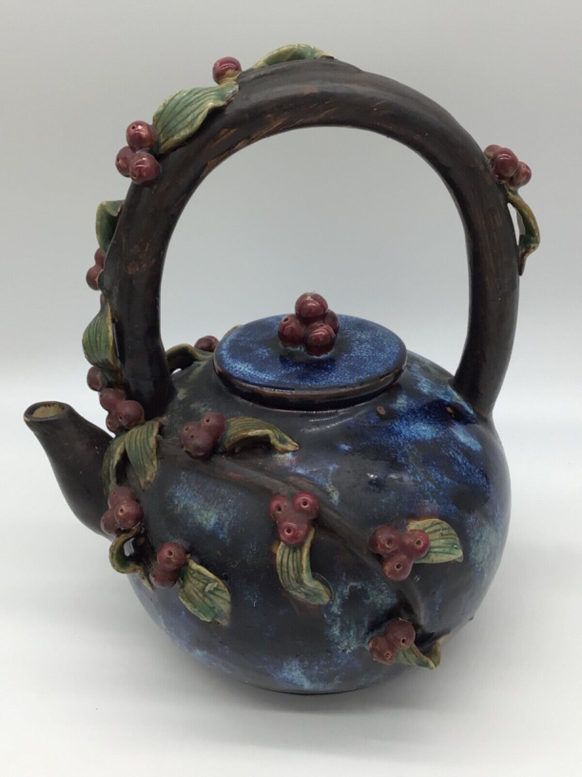 Vintage Chinese Shiwan/ Shekwan Ware Majolica Relief Pottery Teapot Red Cherries