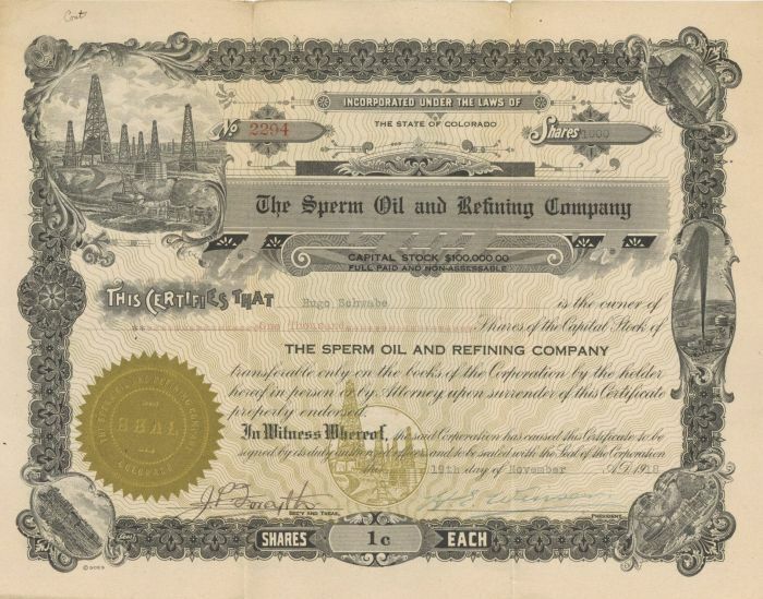 Sperm Oil and Refining Co. - Stock Certificate - Rare Topic - Oil Stocks and Bon