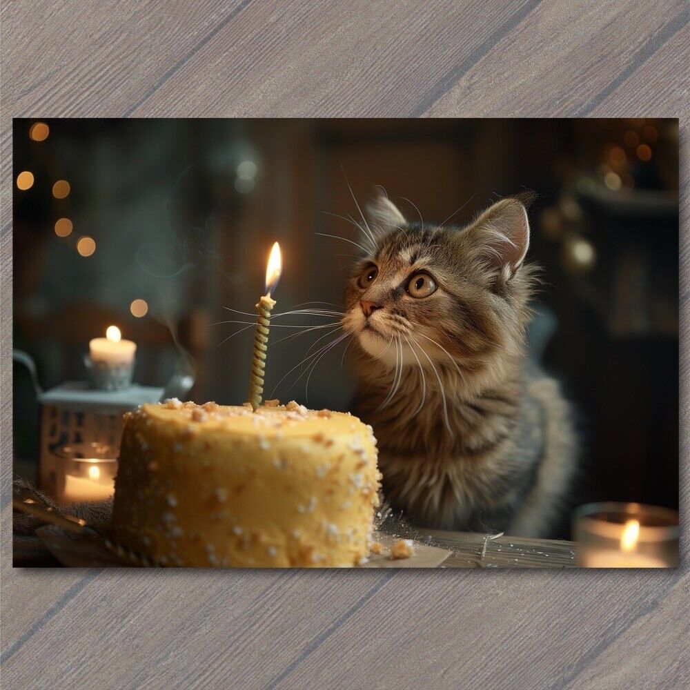 POSTCARD Cat Happy Birthday Cake Candle Kitten Colors Bright Vibrant Sprinkles
