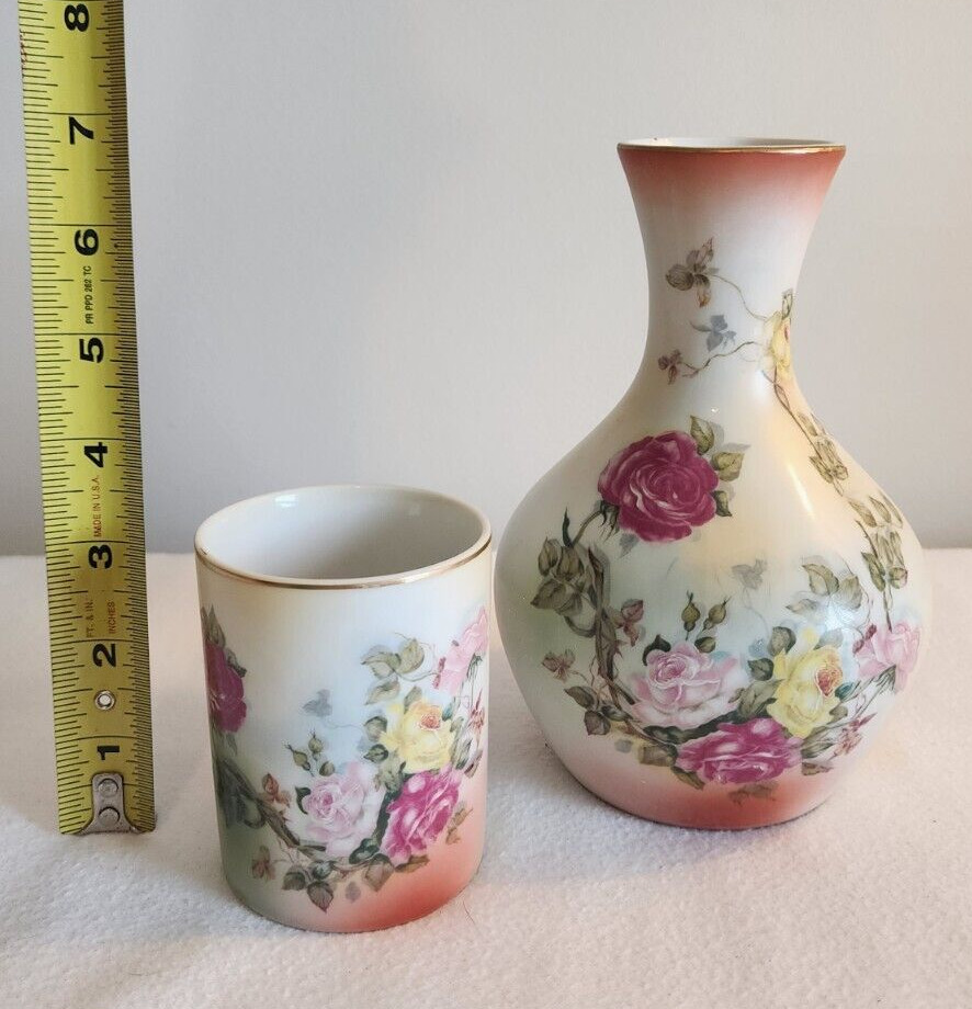 Vintage Pink & Yellow Rose Garden Decanter And Cup with Undetermined Markings