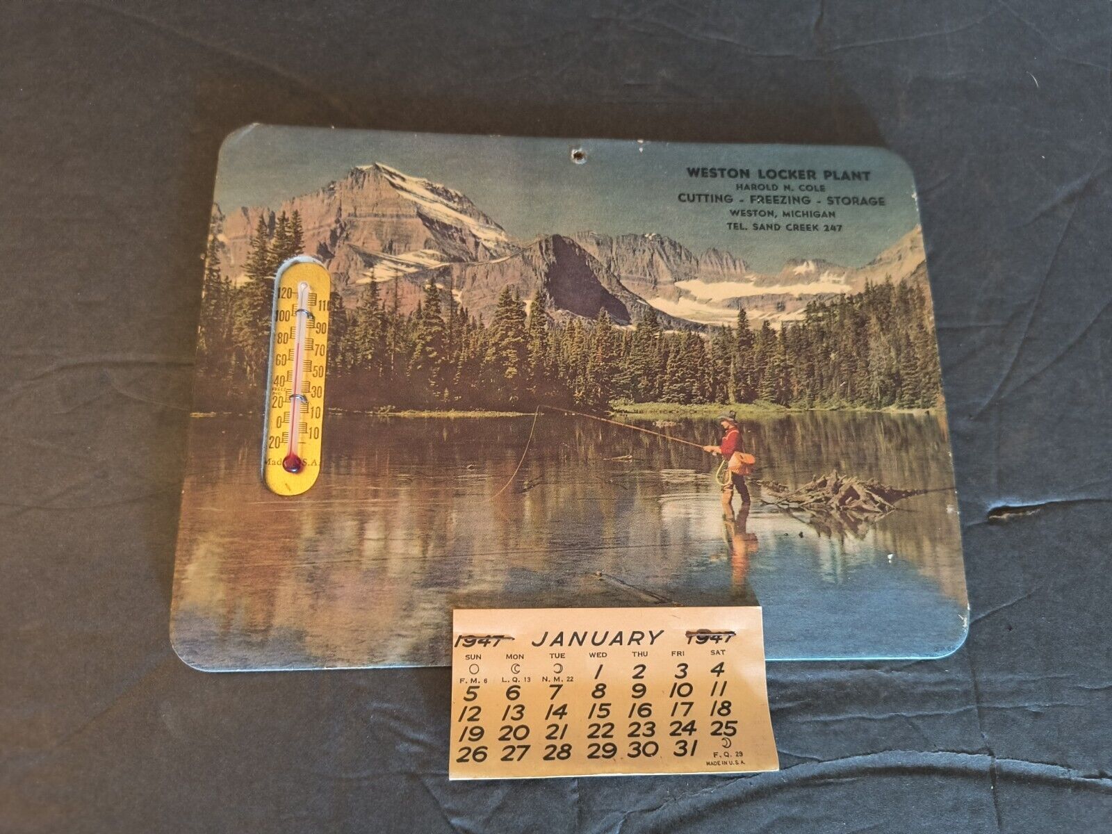 1947 advertising Thermometer Calander Lake Fishing Mountain Weston Michigan