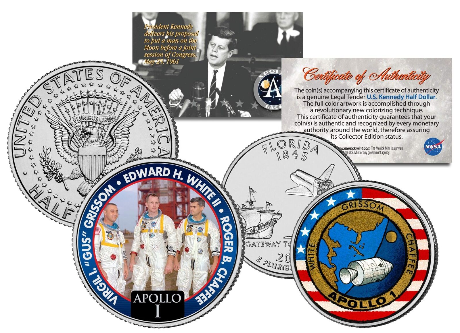 APOLLO 1 SPACE MISSION 2-Coin Set U.S. Quarter & JFK Half Dollar NASA ASTRONAUTS