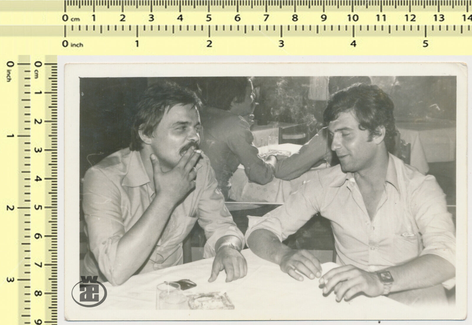#086 1970\'s Two Men in Bar Smoking Cigarette Guys Smoke Mirror vintage old photo