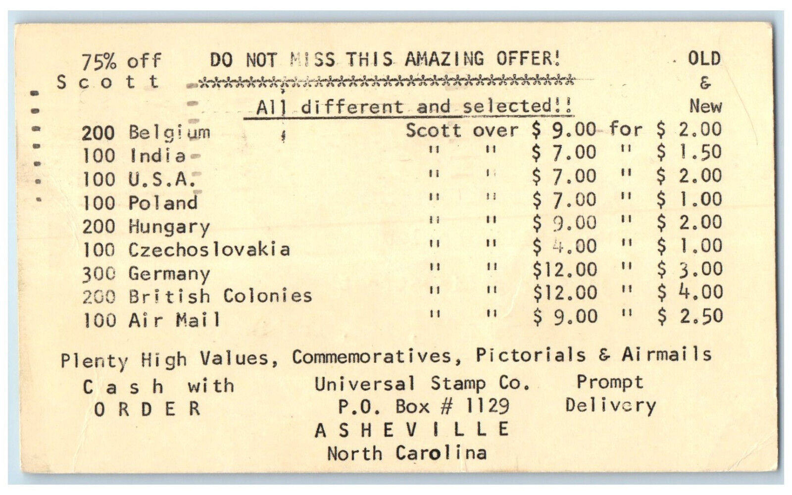 1957 75% Off Offer Universal Stamp Co. Asheville North Carolina NC Postal Card