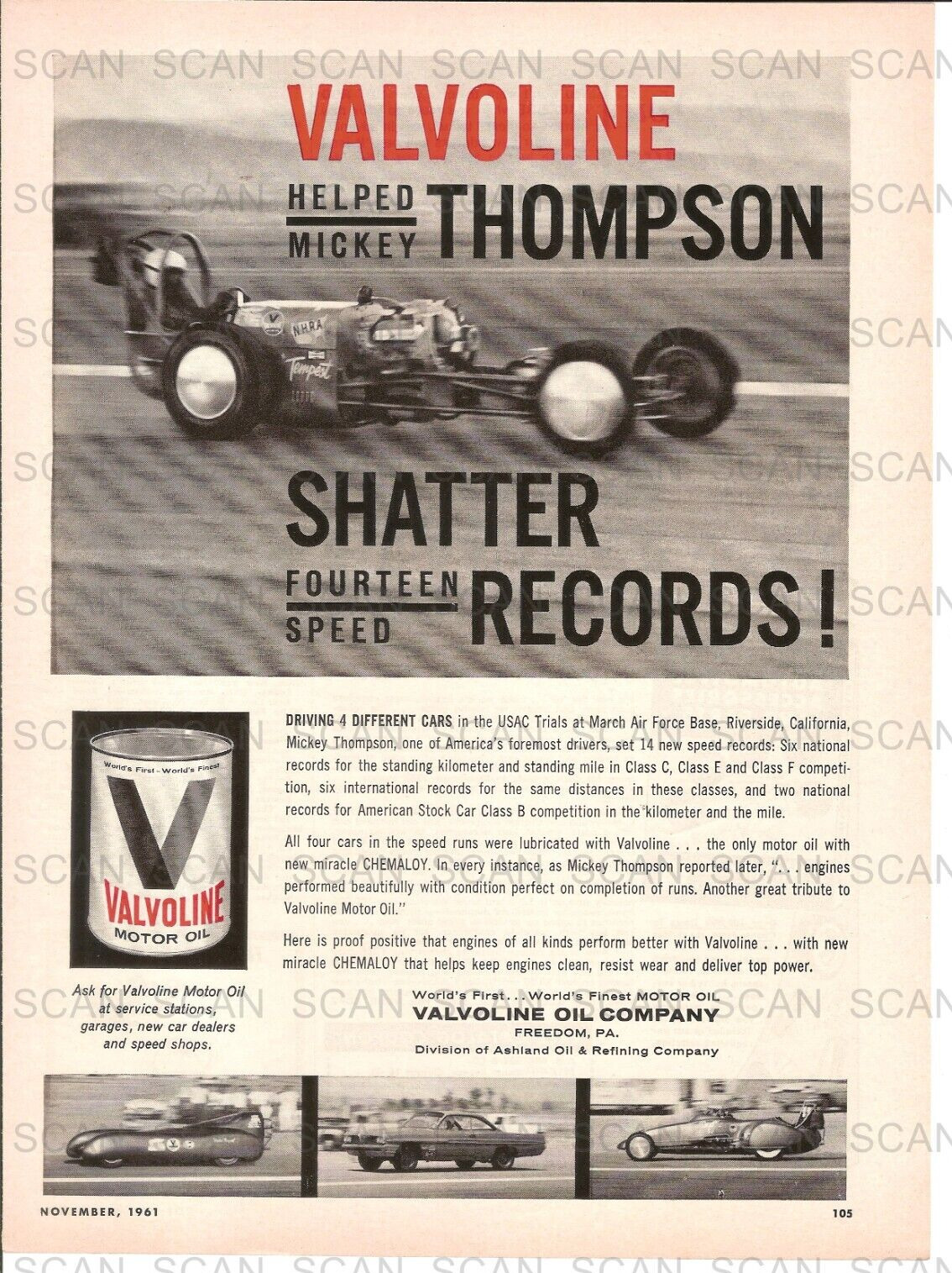 1961 Valvoline Motor Oil Vintage Magazine Ad   Auto Racing   Mickey Thompson