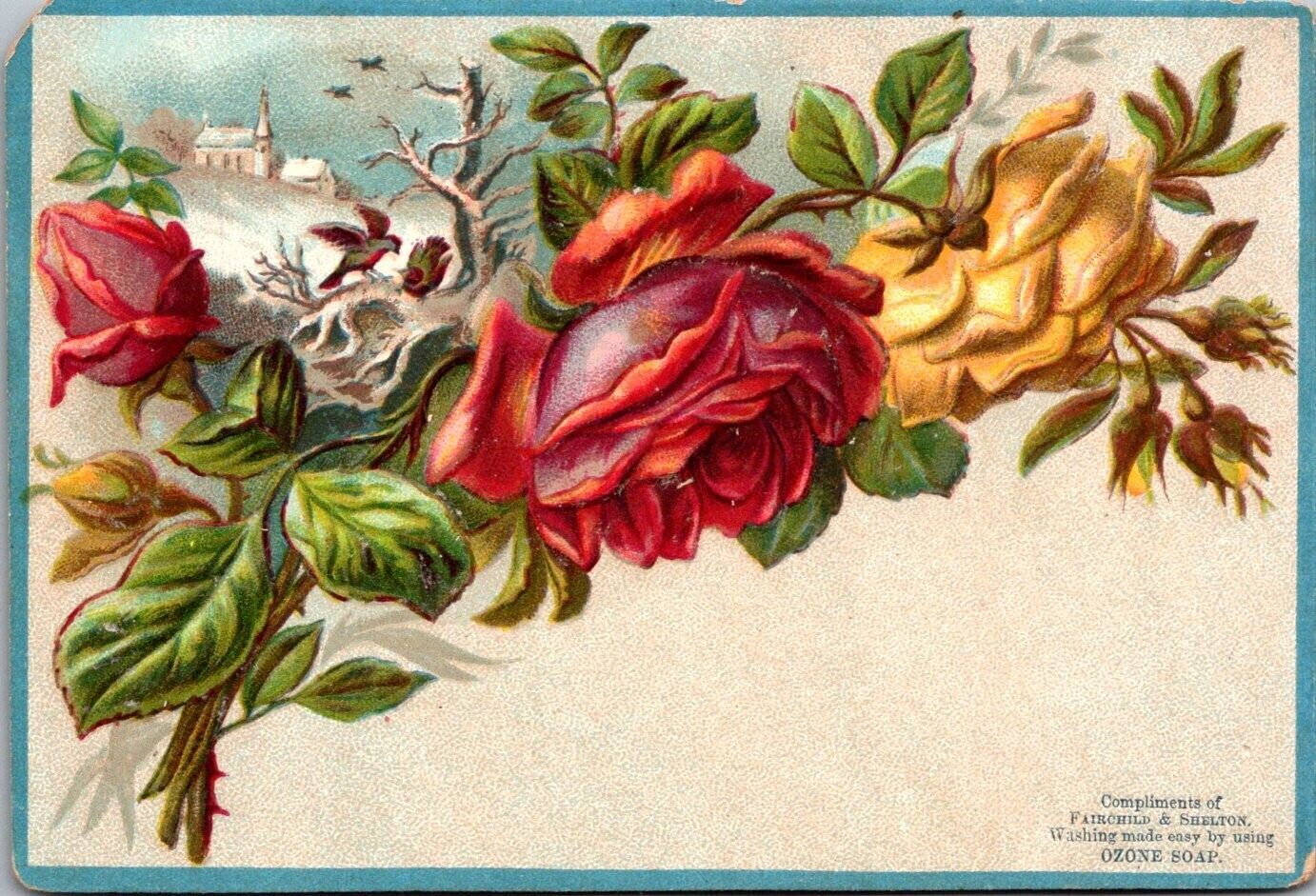 Ozone Soap Victorian Trade Card Red and Yellow Roses Embossed 1880s